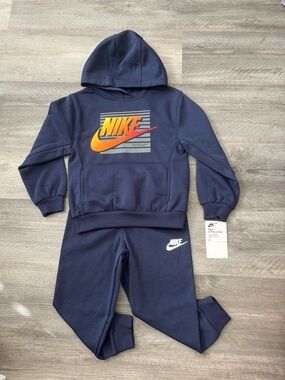 Nike Kids Navy Hoodie & Joggers with Orange-Yellow Gradient Logo